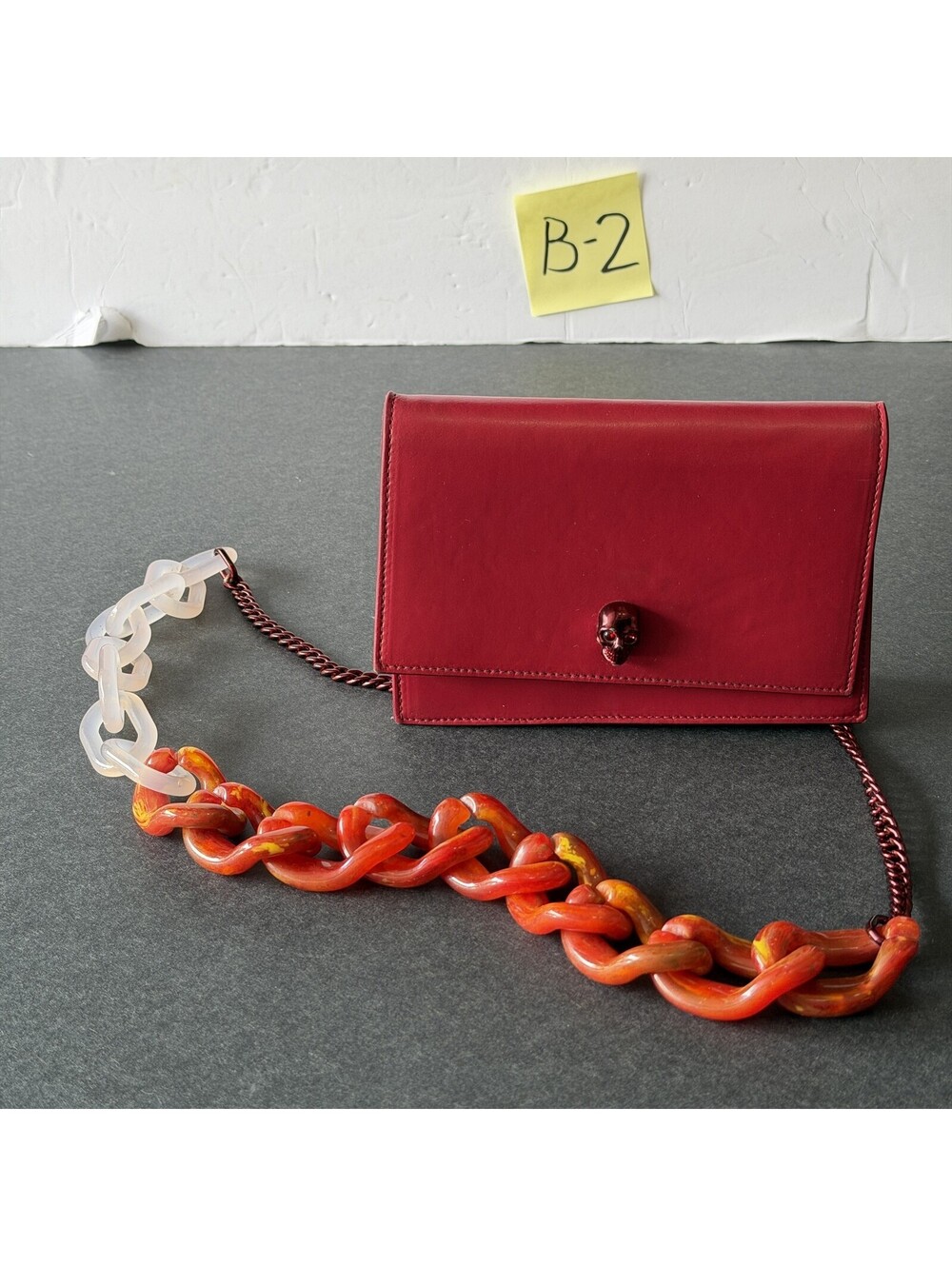 Alexander McQueen Red Leather Skull Chain Clutch Bag B-2